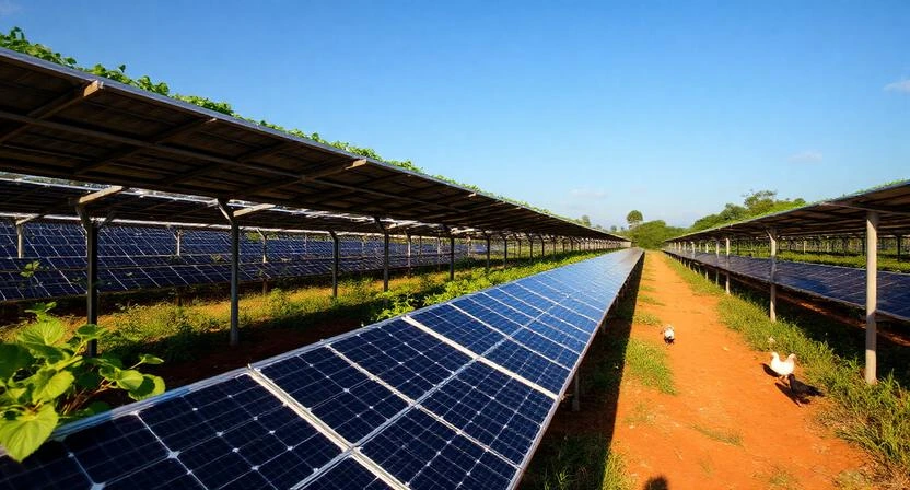 Exemplo de sistema agrovoltaico combinando energia solar e agricultura