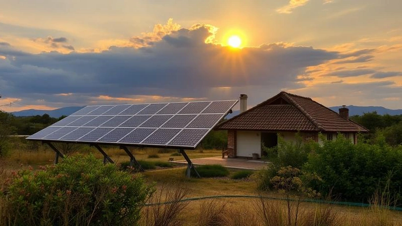 Sistema fotovoltaico rural instalado no solo de uma chácara brasileira