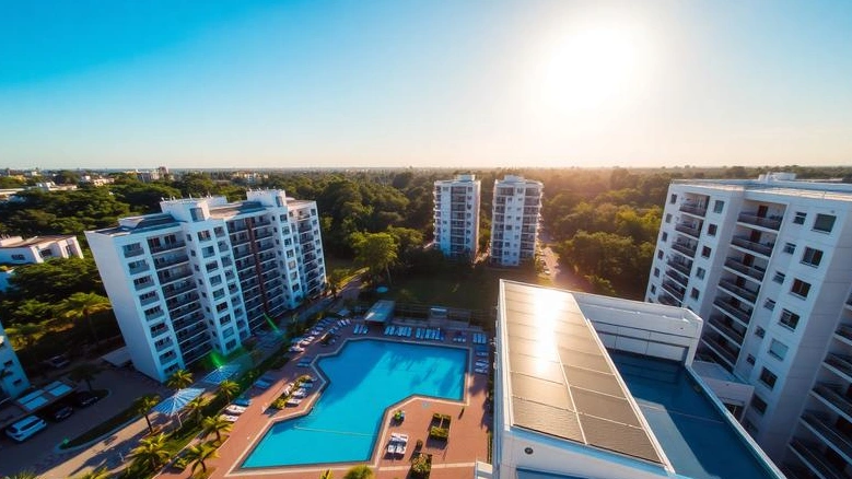 Condomínio residencial com energia solar instalada no telhado
