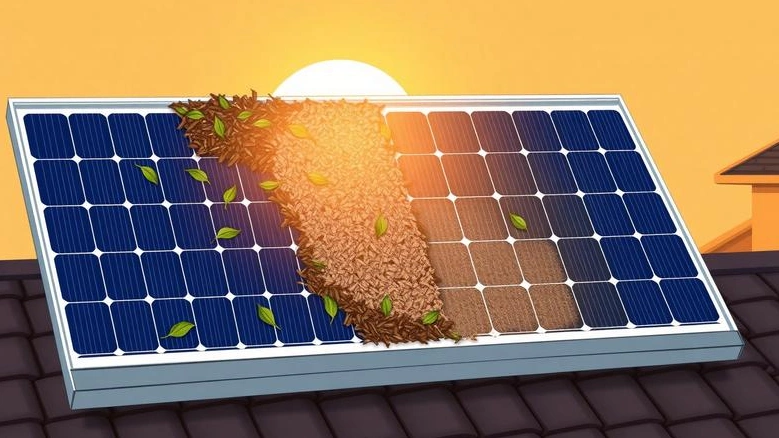 Painel solar com acúmulo de resíduos bloqueando a luz solar