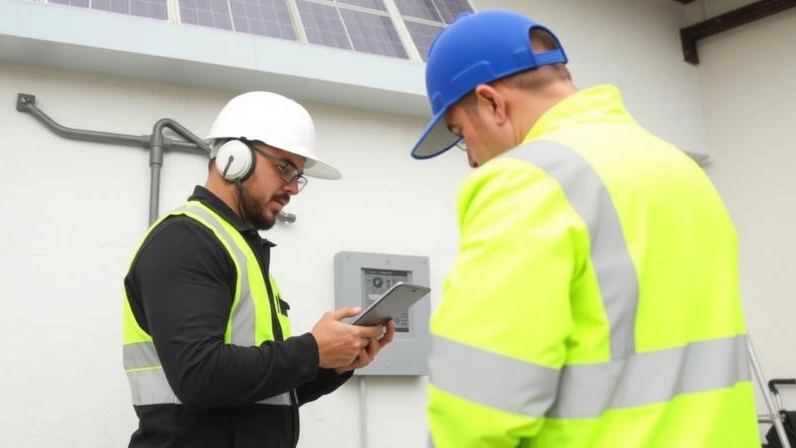 Engenheiro realizando vistoria técnica em instalação fotovoltaica
