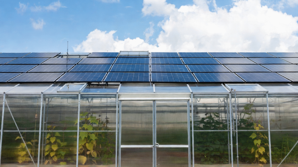 Estufa agrícola equipada com painéis solares no telhado para geração de energia renovável