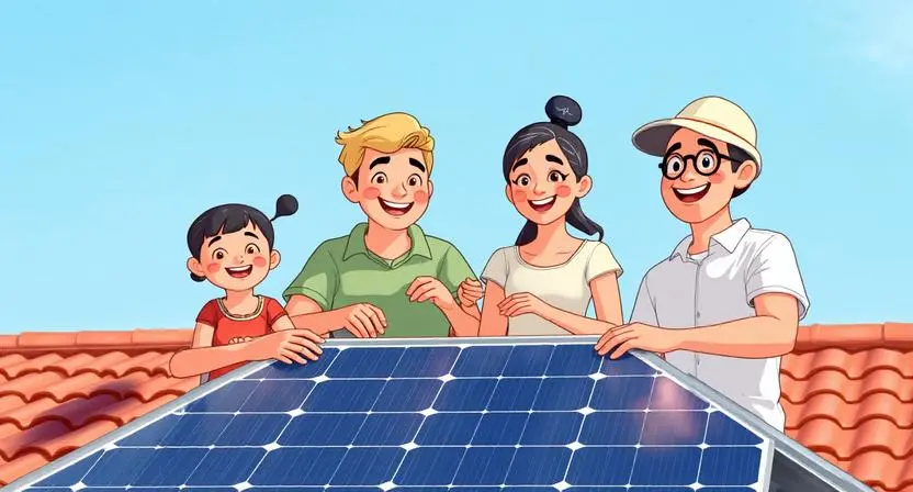 Família instalando painéis solares residenciais no telhado