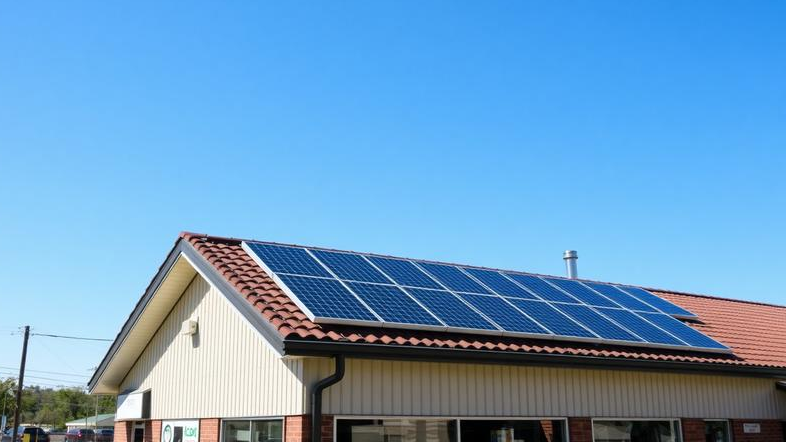 Painéis solares no telhado de comércio representando adoção de energia renovável