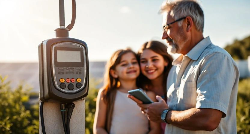 Medidor de energia marcando crédito e família feliz com conta de luz quase zero graças à energia solar