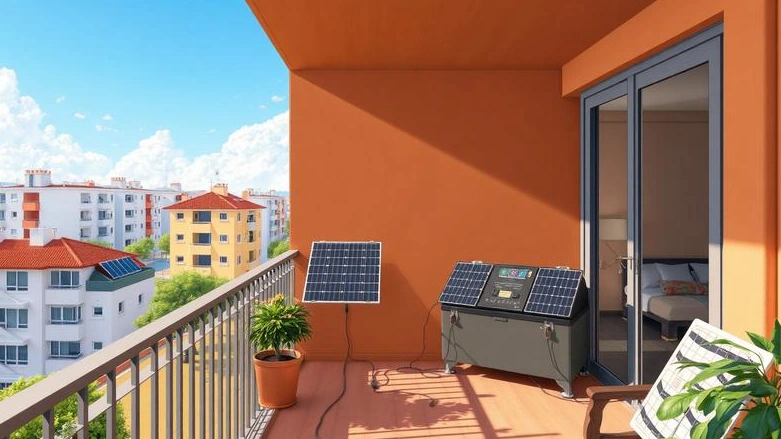 Painéis solares em varanda de apartamento alugado