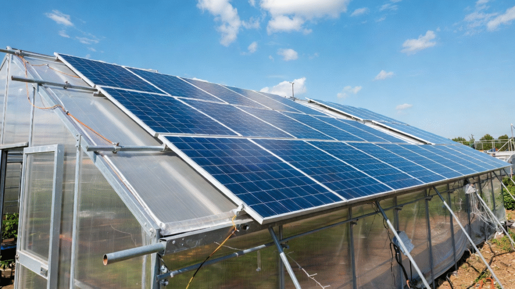 Integração de painéis solares no telhado de estufa para energia sustentável em agricultura