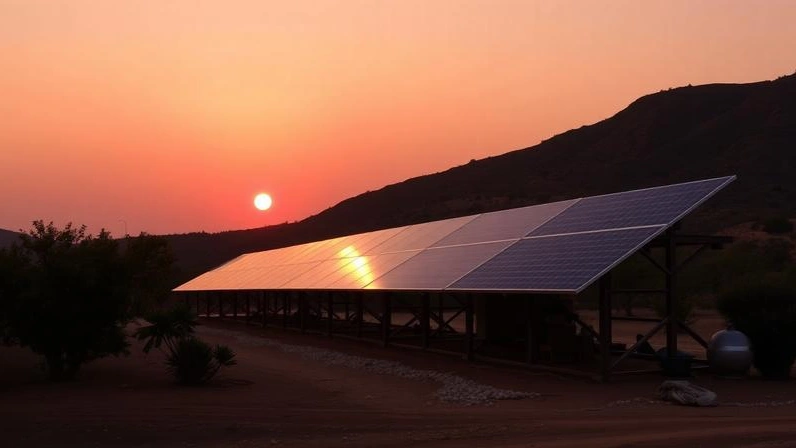 Sistema fotovoltaico ground-mount em propriedade rural brasileira ao entardecer
