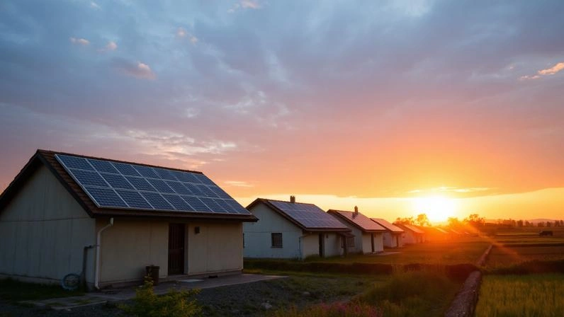 Paisagem remota com painéis solares instalados em telhados de casas simples em uma área rural isolada ao pôr do sol