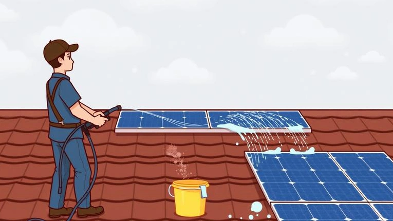 Pessoa realizando limpeza segura de painéis solares em telhado