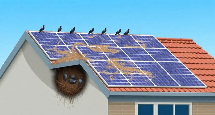 Placas solares cobertas por fezes e ninhos de pombos causando sombreamento e perda de eficiência