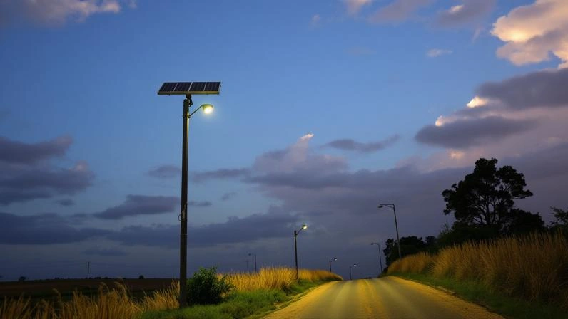 Poste de iluminação solar em estrada rural no momento do acendimento automático