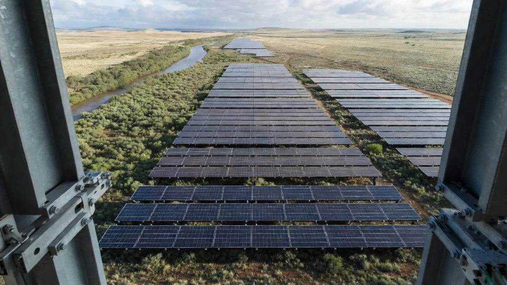 Vista aérea de painéis solares resistentes em uma área remota com vegetação densa e rio ao fundo, representando adaptação a ambientes desafiadores