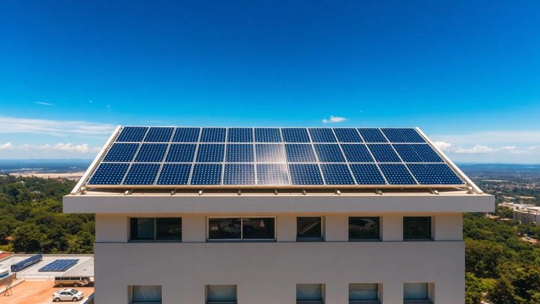 Sobrado com placas solares instaladas em telhado de área reduzida