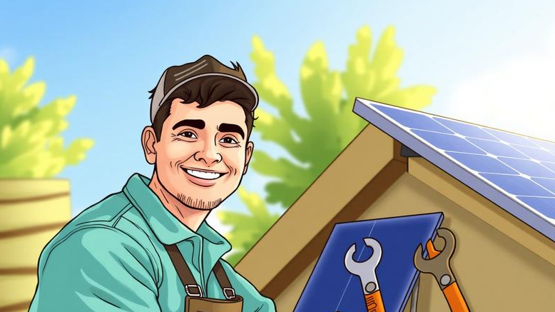 Instalador de energia solar trabalhando em comunidade rural brasileira