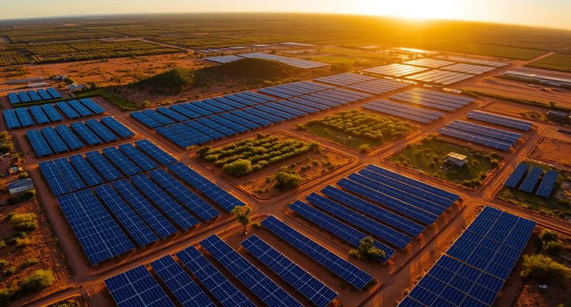 Usina solar fotovoltaica no Nordeste brasileiro ao nascer do sol