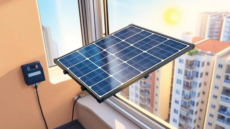 Painel solar portátil em janela capturando energia solar