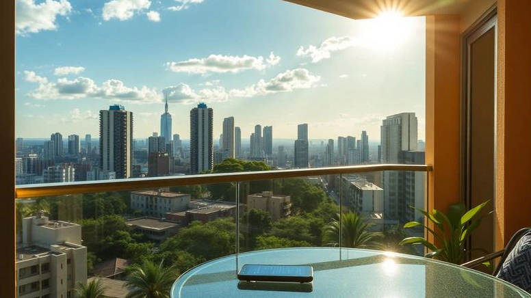 Instalação de painéis solares em varanda de apartamento com vista urbana